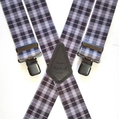 Mens Braces 1.5  Heavy Duty Tartan Grey Black Plaid Black Clips For Work • £14.99