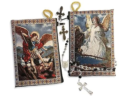 Saint Michael & Guardian Angel Reversible Tapestry Rosary Pouch Keepsake Holder • $12.88