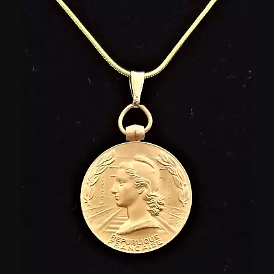 France Marianne 1955 Art Nouveau Gold Plated Medal Necklace • $69.99