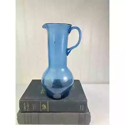 Vintage Handblown Glass Blue Pitcher Long Neck Art Glass Mid Century • $29.99