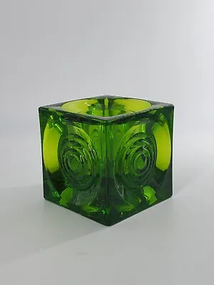 Vintage MCM Viking Glass 3½  Bullseye Cube Green Votive Candle Holder 2 Lb 8.7oz • $59.99