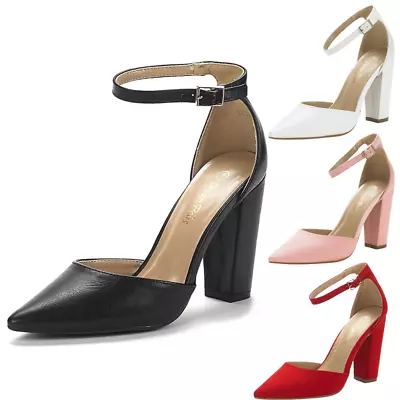 Women Wedding Party Pumps Ankle Strap Pointed High Chunky Heel Pump Dress Shoes • $25.99