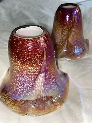 £40 • Buy Pair Vintage Hand Blown Glass Light Shade Bell Trumpet Tulip Nouveau Iridescent
