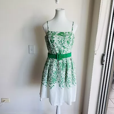 REVIEW White And Green Cotton Floral Spaghetti Strap Dress Size 10 With Belt • $24