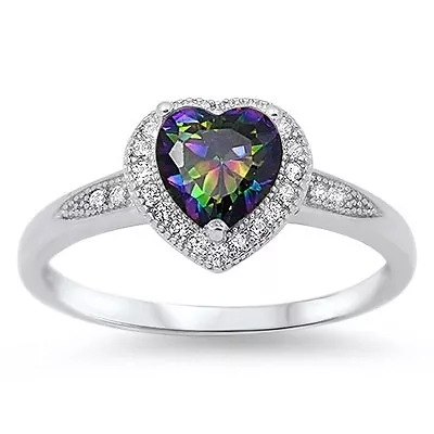 .925 Sterling Silver Precious Heart Rainbow Topaz Clear CZ Sz 4 5 6 7 8 9 10 NEW • $15.95