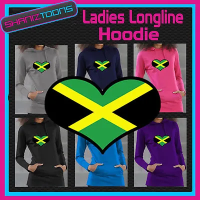 Jamaica Jamaican Flag Love Heart Ladies Longline Hoodie Hoody • £19.25