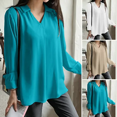 UK Women V Neck Long Sleeve Tops Shirt Casual Baggy Solid T Shirts Blouse 8-24 • £14.99