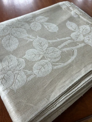 £63.81 • Buy Vintage Linen Ecru Dark Beige Roses Tablecloth Thorns Stems Large Antique French