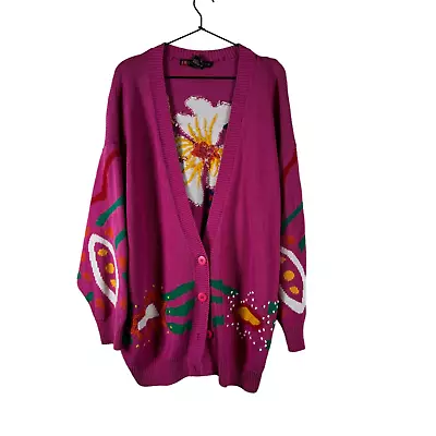 IB Diffusion Womens Cardigan Sweater Purple Floral Long Sleeve Artsy One Size • $60.99