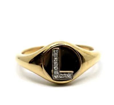 Initial L Letter Signet Ring  Natural Diamond In 14k Solid Yellow Gold Sz 7 • $327.99