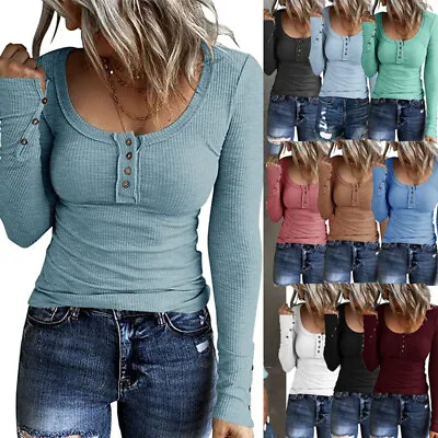 UK Ladies Long Sleeve Slim Tops Blouse Holiday Fit Casual Stretchy T-shirt Tee • £9.39