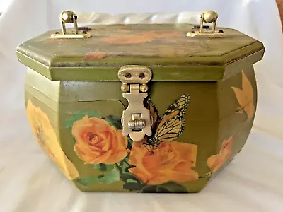 VTG Decoupage Wood Purse Hand Bag Green W/ Flowers Bird Butterfly • $6.50