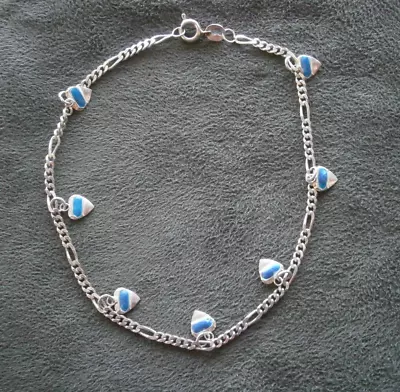 Dainty Figaro Chain Blue Enamel Hearts Vtg Sterling Silver Anklet Bracelet 9  • $12.50