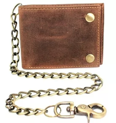 RFID Blocking Leather Bifold Chain Wallet Vintage Style Snaps Eyelet Hole Biker • $21.99