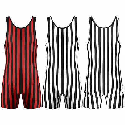 Mens Striped Wrestling Singlet Bodysuit All In One Jumpsuit Leotard Underwear • £14.87