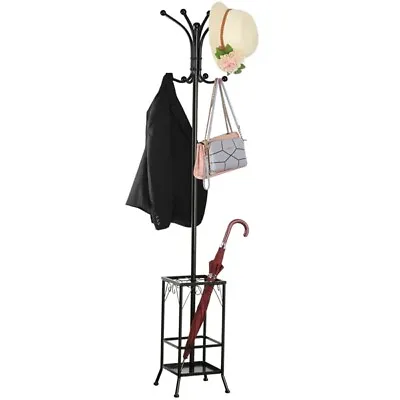 Metal Coat Stand Hat Rack With Umbrella Holder Black Coat Tree Hanger With Hooks • £37.99