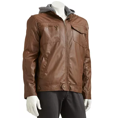 New Urban Republic Men's Faux-Leather Hooded Moto Jacket Tan Size L MSRP $140 • $56