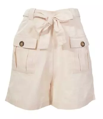 Warehouse Womens Beige Cotton Utility Safari Shorts Button Pockets Tie Waist • £14.95