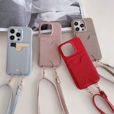 For Iphone 15 14 Plus 13 12 11 Pro Max Card Pocket Leather Lanyard Phone Case • $11.47