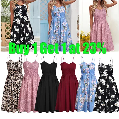 Women Summer Floral Beach Midi Swing Dress Holiday Strappy Sun Dresses Size New • £11.86