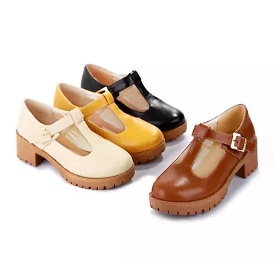 Womens Pumps Shoes T-strap Candy Lolita Mid Heel Oxfords Mary Janes Plus Size • £40.97