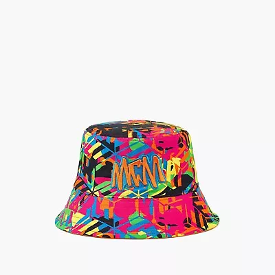 NEW MCM MEHCAMM02MT001 Monogram Neon Cotton Silk Blend Embroidered Bucket Hat • $240.50