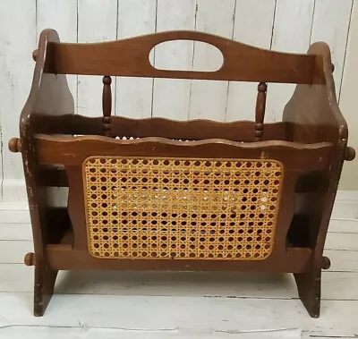 Oak Wood Woven Wicker Rattan Cane Magazine Book Vinyl Record Rack Holder Vintage • $35.19