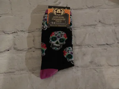 Mens Black & Teal Novelty Socks Size 6-12-Sugar Skulls • $3.12