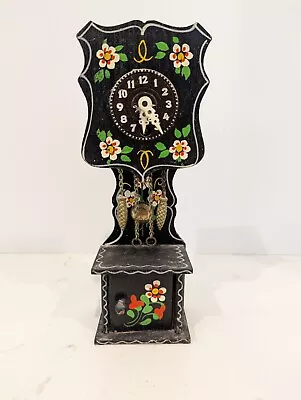 Vtg Miniature Grandfather Clock Black Floral Wooden Wind Up Key Germany Made • $31.59