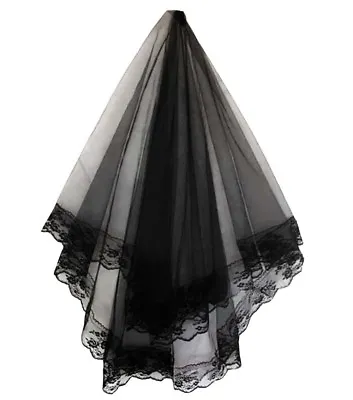 Black Bridal Wedding Veil With Lace Edges Combless Brand New • £14.99