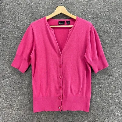 Kersh Cardigan Women L Large Pink Button Up V-Neck Short Sleeve Cotton Casual • $7.99