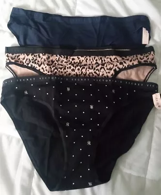 Victoria's Secret Panty Lot Of 3 Bikini Size Large NWT VS Logo Leopard Navy Blue • $18.49