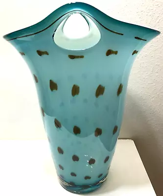 Vintage Makora Glass Vase W Handles 16  T Blue White Cased Brown Krosno Poland • $324.99