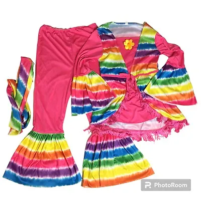 Groovy Hippie Girl Costume 70s Flower Child Size L 12 Tie Dye Pink Bell Bottom • $14.50