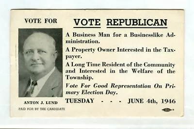 Vintage 1946 VOTE REPUBLICAN Primary Ink Blotter! Anton J. LUND (Woodbridge NJ) • $9.99