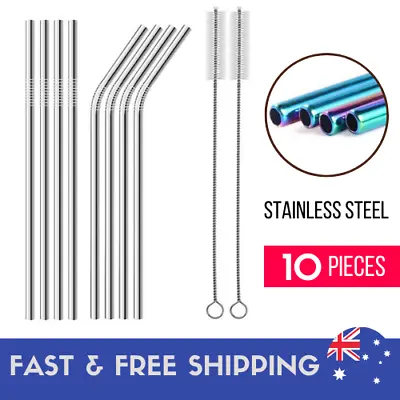 $7.47 • Buy Reusable Stainless Steel Straws Washable Metal Drinking Straw Long Bent Brush AU