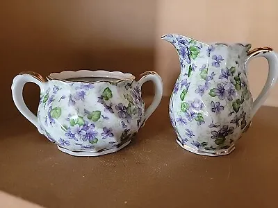 VINTAGE LEFTON JAPAN CHINTZ  SUGAR BOWL & CREAMER  SET - Hand Painted Violets • $10