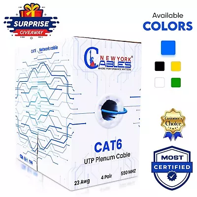 CAT6 Plenum Cable 1000ft Ethernet Internet Wire UTP 23AWG CMP 550MHz MultiColor • $103.71