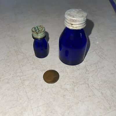 Antique Vicks Drops Miniature Cobalt Blue Glass Bottles 1 1/2”&2 1/2”Val-Tro-Nol • $19.99