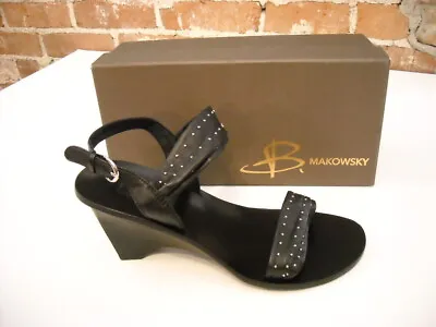 B Makowsky Teddy Black Leather Studded Wedge Sandals New • $19.95