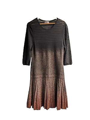 Mulberry Black Gold Metallic Pleated Wool Midi A Line Dress UK 12-14 • £65