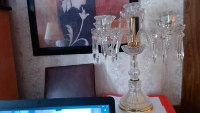 $130 • Buy Vintage Glass And Crystal Gold Color Base Candelabra  4 Arm 5  Candle Holder