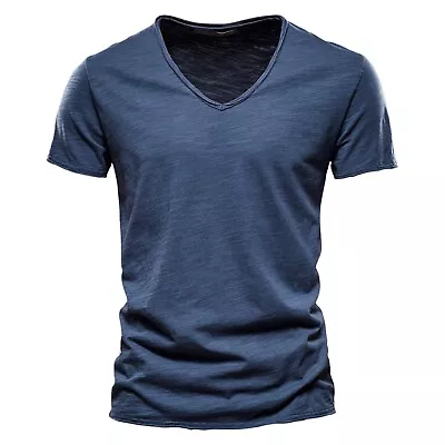 Mens Fashion Casual Solid Color Cotton V Neck Short Sleeve T Shirt Top • $13.99