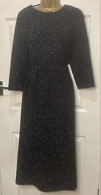 Marks And Spencer Tinsel Sparkle Belted Midi Shift Dress 16 Regular Black Bnwt • £22