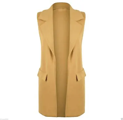 Womens Plain Sleeveless Waistcoat Ladies Open Crepe Jacket Casual Blazer Coat • £11.78