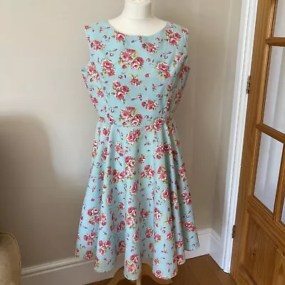 FIFTIES CHIC Dress Swing 50s Rockabilly Lindy Hop Blue Pink Roses Retro Size XL • £16