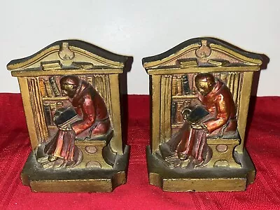 Pair Vintage Cast Metal Colorized Bookends - Monk Pope Priest Cardinal In Study • $19.99