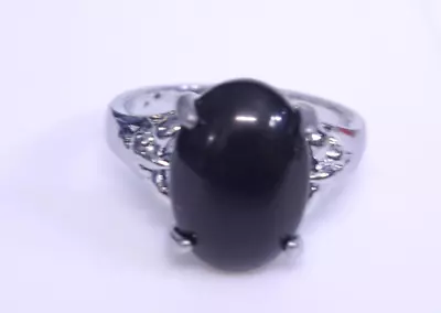 Ring Sz 8 Silvertone Black Oval Stone Marbled New Costume Jewelry • $4.50