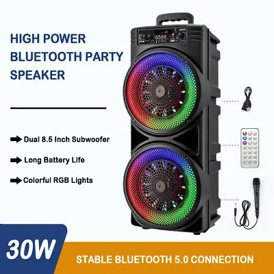 8.5  LED Wireless Bluetooth Dual Speaker Party Bass Subwoofer Karaoke MIC DJ FM • £41.99