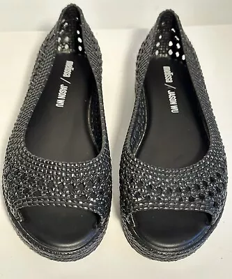 Melissa Jason Wu Camilla Woven Black Jelly Open Toe Flats Shoes Women's 6 Mint • $49